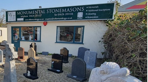 The Avenue Stone Works office with its Monumental Stonemasons sign and display headstones